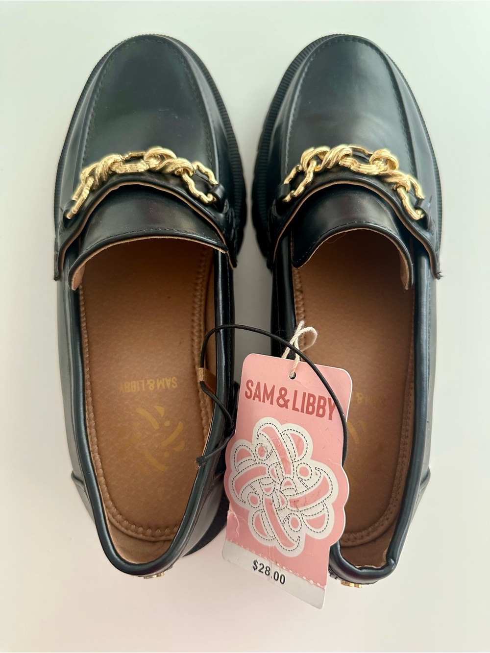 Sam & Libby Black Loafers with Gold Chain Accent